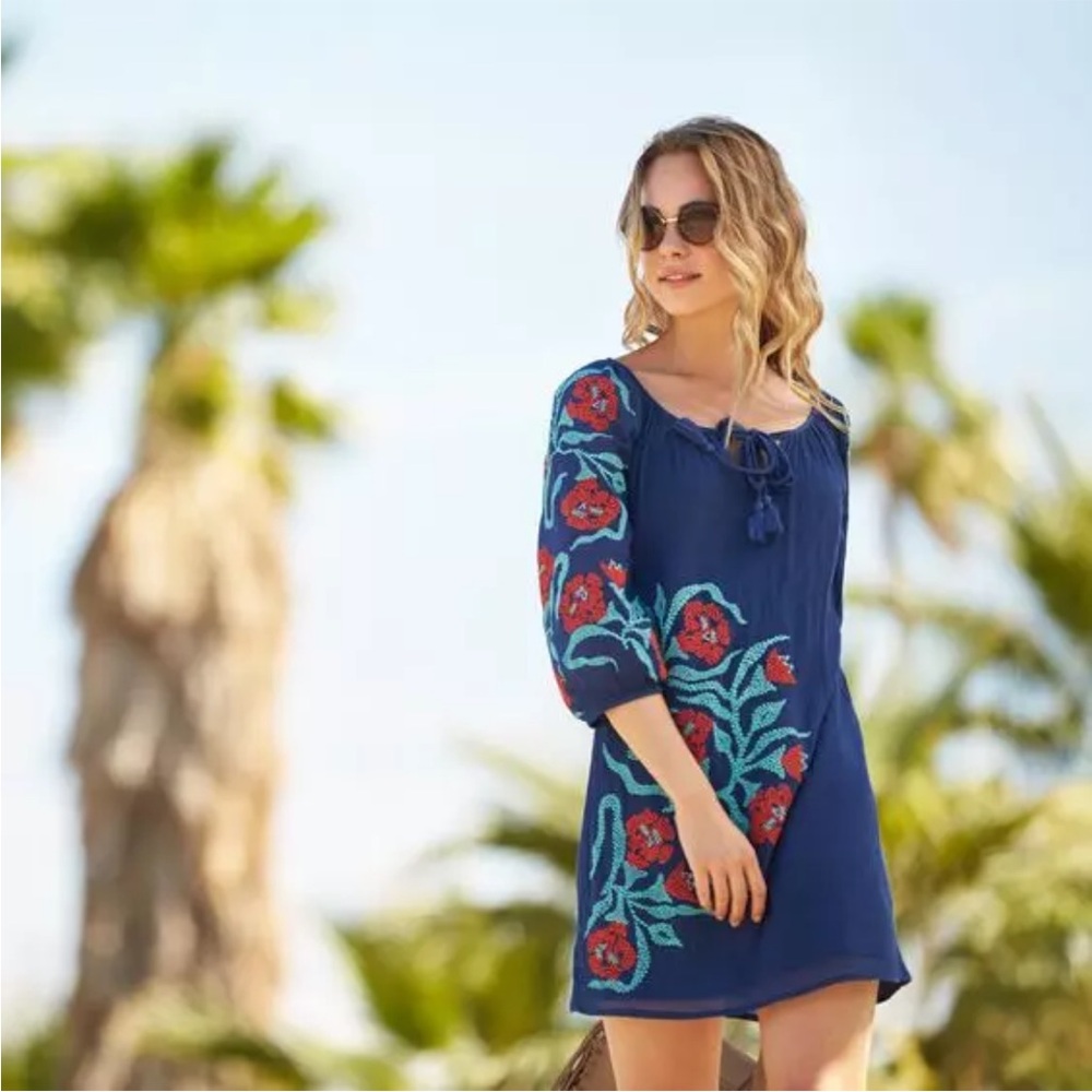 $348 Trina Turk Blue Red Embroidered Bohemian Cotton Shift Dress 0 NEW